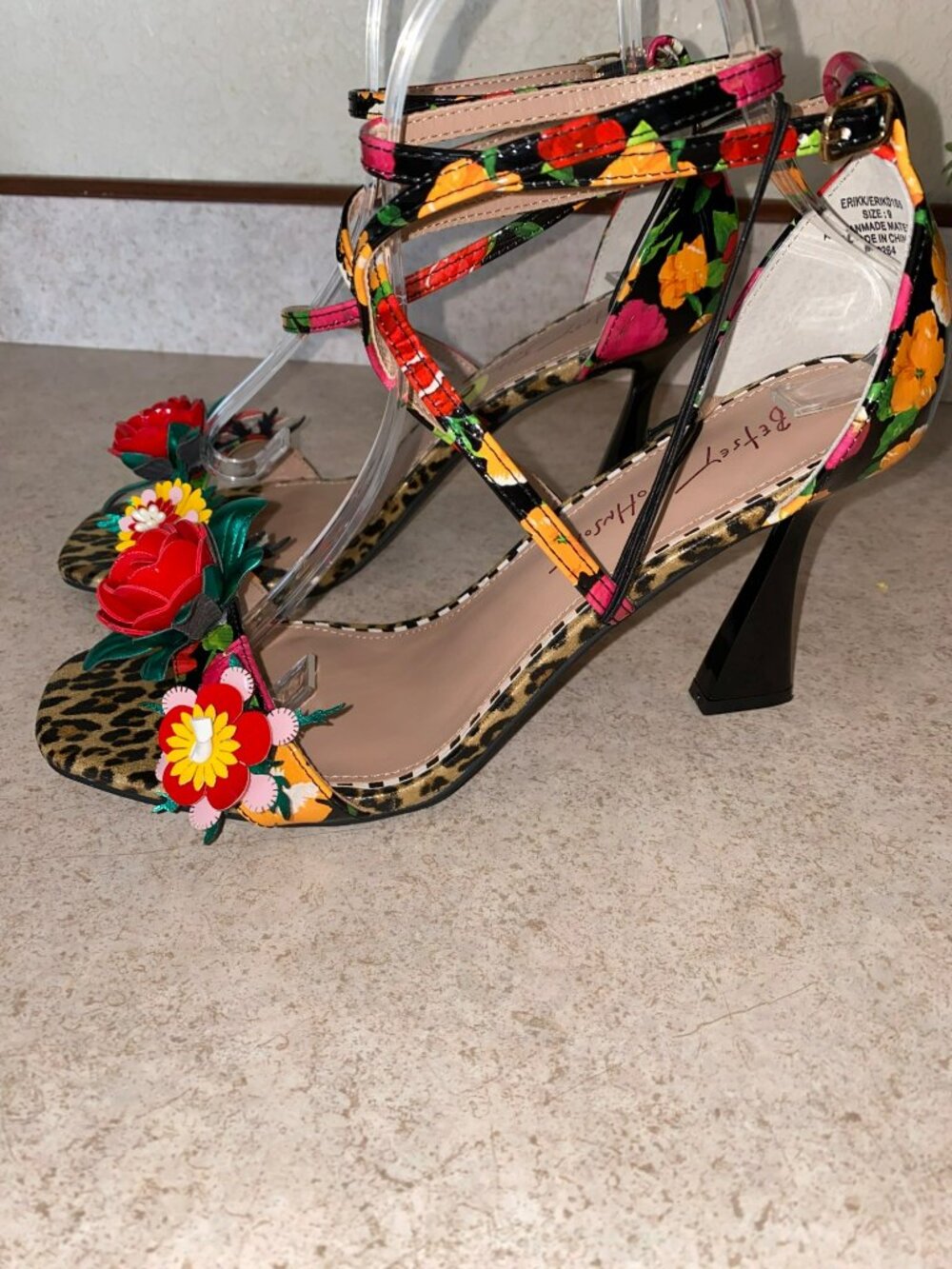 Betsey Johnson Floral Leopard Print Strappy Heels Size 9 - Picture 3 of 13